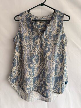 KAVU Organic Cotton Tencel Sleeveless High Low Blouse Blue Print Small